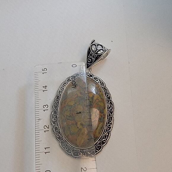 Necklace Pendants Rainforest Jasper Handmade Jewelry in Ornate Sterling Silver - Picture 3 of 10